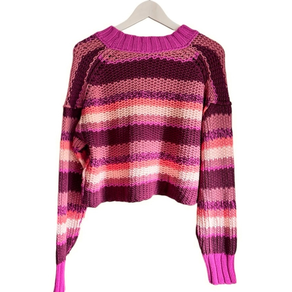 Free People Devon Cropped Knit Striped Sweater in Fuchsia Rose, Sz Sm - Picture 14 of 16